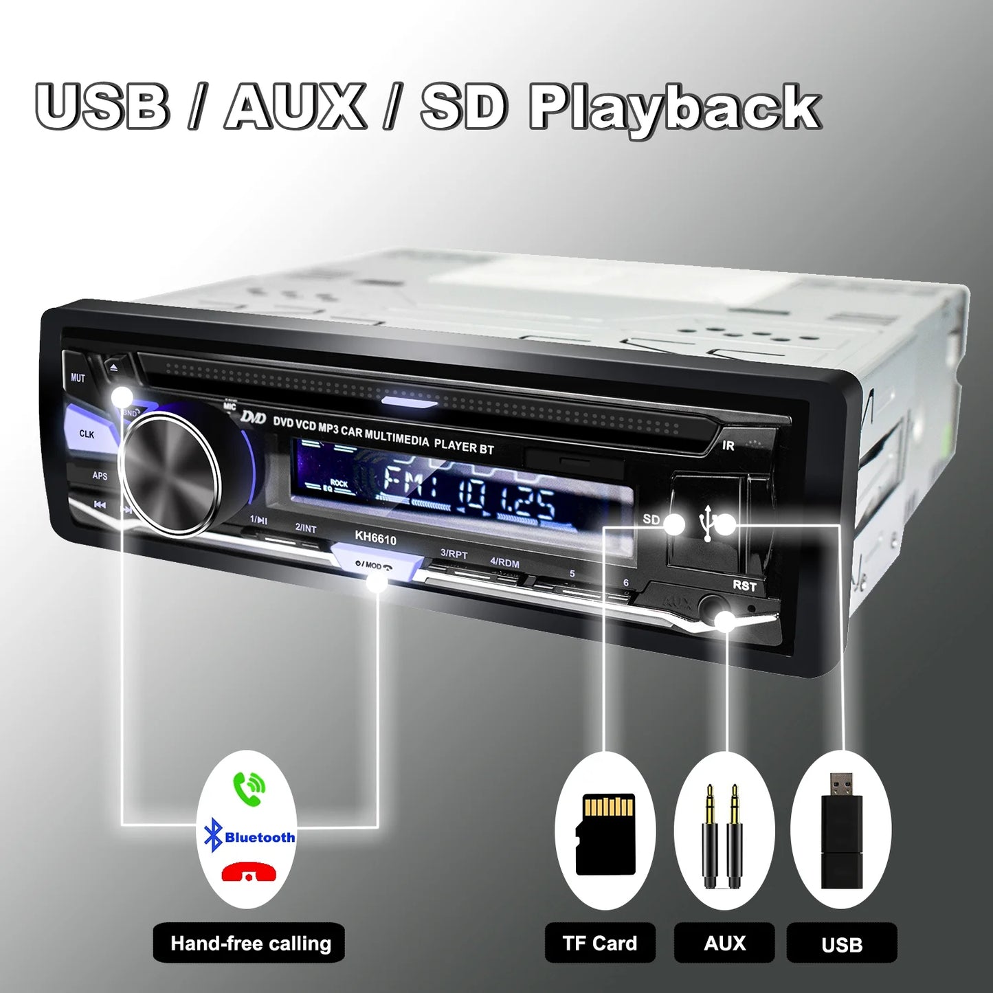 Single 1 DIN Car Stereo with CD/DVD Player Bluetooth AM/FM/RDS Radio USB SD Aux Audio Receivers