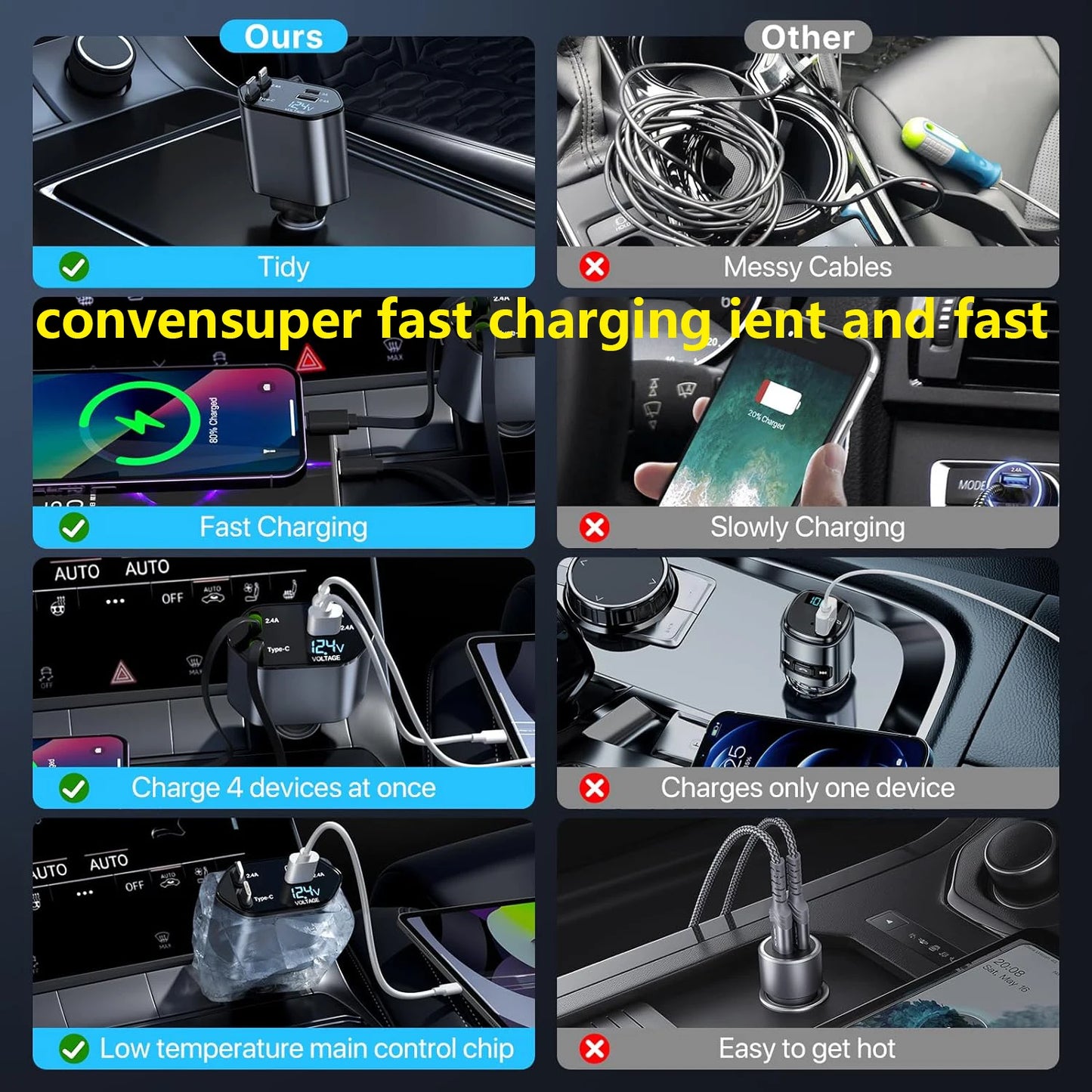 4-In-1 Vehicle Charger, 120 Watt Fast Charging, Retractable Cable, 2 USB Ports, Compatible with All Vehicles Dual TYPE-C