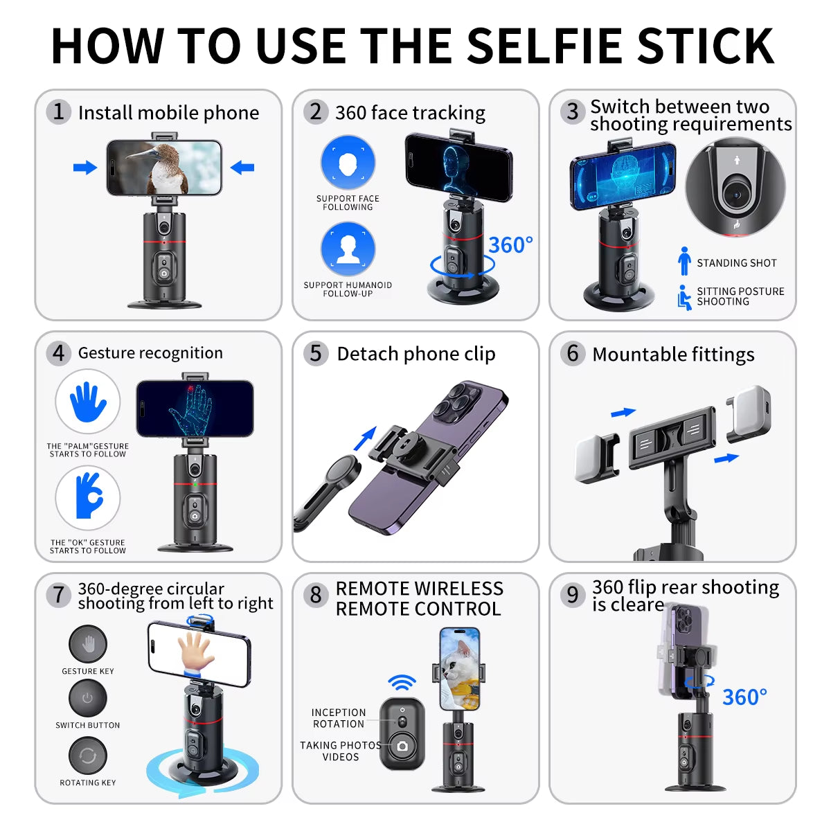 P02 Gimbal 360 Rotation AI Automatic Tracking Shooting Stabilizer Detachable Phone Clip Mini Selfie Stick Phoneholder